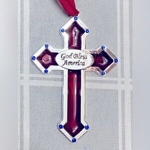 God Bless America Red Stained Glass Cross Ornament Sun Catcher Blue Swarovski